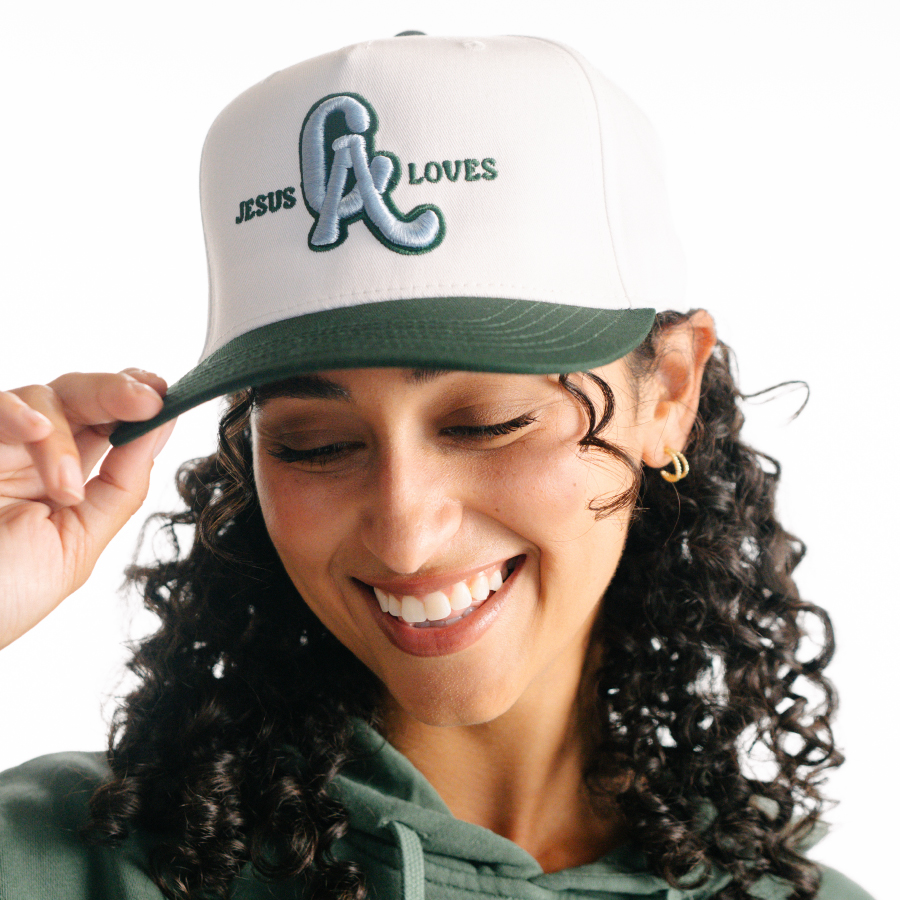Jesus Loves CA 5-Panel White/Green Baseball Cap - Image 3